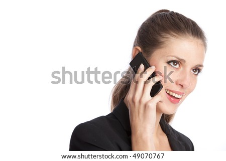 smiling young woman leads a telephone conversation on over white
