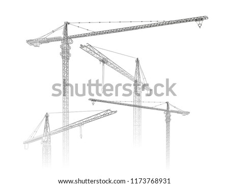 Tower construction crane. Vector line art on white
