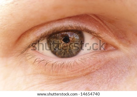 a close-up photo of a human eye with a reflection of a photograph in the pupil