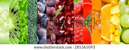 Fresh fruit and vegetable background. Collection with different fruits, berries and vegetables