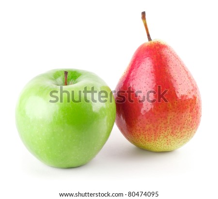 Green apple and red pear isolated on white background