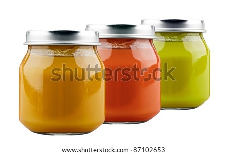 Three jars of baby food on white background