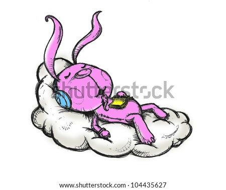 Pink rabbit to sleep on the cloud , by hand drawing