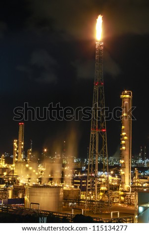 Night scene of chemical plant with pollution , \