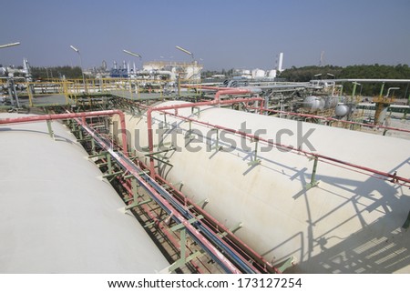 Gas storage tanks with blue sky in industrial plant