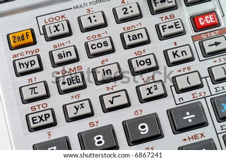 Scientific calculator with trigonometric, exponential, hyperbolic and other keys visible.