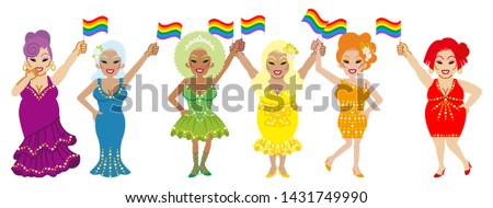 Six drag queens holding rainbow flags - LGBT parade concept art