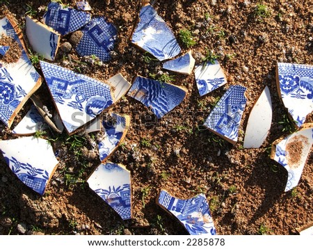 Broken Willow Pattern China in an old rubbish dump in Sturt National Park, Australia