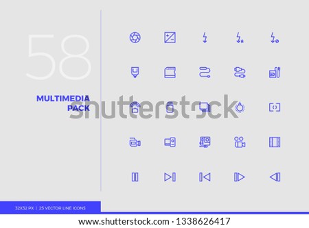 Simple line icons pack of photography equipment, video elements. Vector pictogram set for mobile phone user interface design, UX infographic, web app, business presentation. Sign and symbol collection