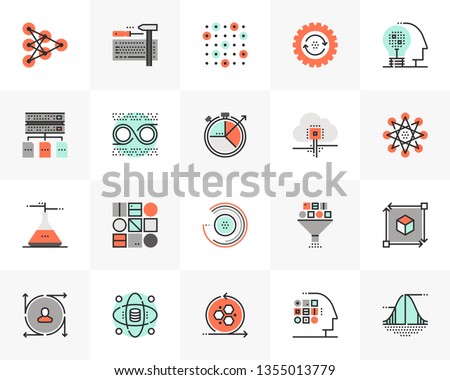 Flat line icons set of data science technology, machine learning. Unique color flat design pictogram with outline elements. Premium quality vector graphics concept for web, logo, branding, infographic