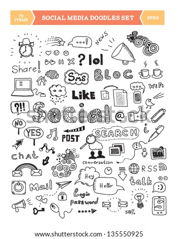 Hand drawn vector illustration of social media doodles elements. Isolated on white background.