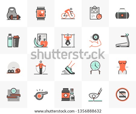 Flat line icons set of recreational fitness training, gym workout. Unique color flat design pictogram of outline elements. Premium quality vector graphics concept for web, logo, branding, infographics