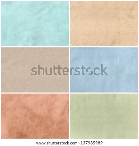Set of six paper textures with different colors and surface materials. Isolated on white background