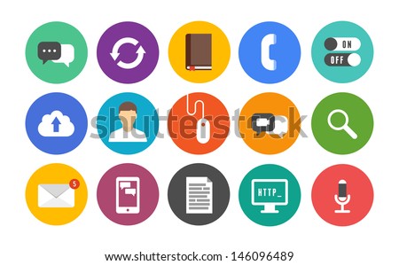Vector collection of colorful icons in modern flat design style on communication and mobile connection theme. Isolated in colored circle on white background.