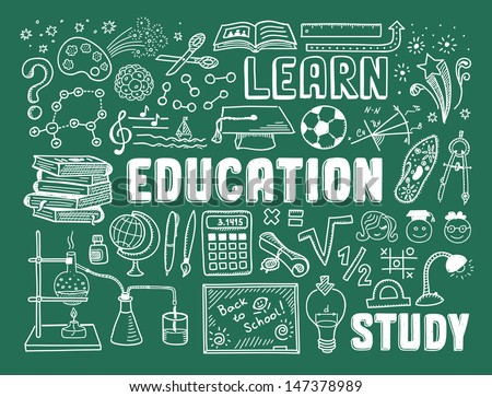 Hand drawn vector illustration set of education and learning doodles with school objects and items. Isolated on green background
