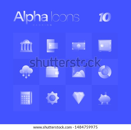 Finance banking spot illustrations for branding, web design, presentation, logo, banners. Clean gradient icons set with thin lines and flat shapes. Pure transparency effect on blue color background.