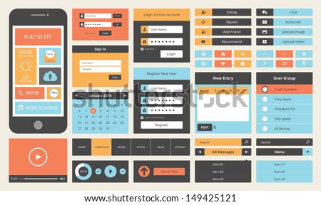 Modern UI flat design vector kit in trendy color with simple mobile phone, buttons, forms, windows and other interface elements.  Isolated on white background. 