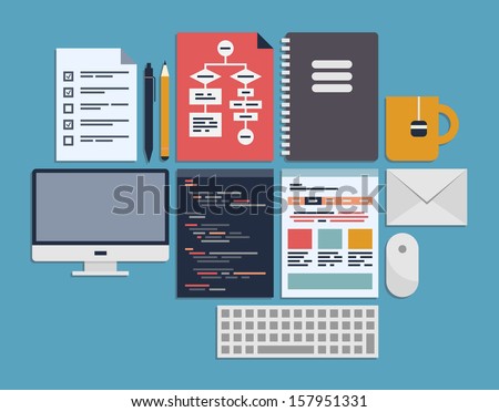 Flat design modern vector illustration icons set of web page programming, user interface elements and workflow objects. Isolated on blue background