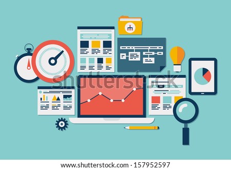 Flat design modern vector illustration icons set of website SEO optimization, programming process and web analytics elements. Isolated on stylish colored background