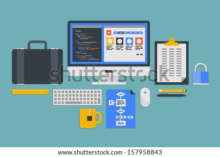 Flat design vector illustration icons set of modern office workflow with various objects and process of web programming development. Isolated on gray blue background 