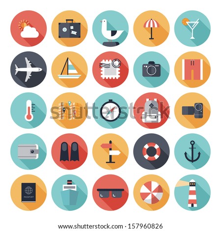 Modern flat icons vector collection with long shadow effect in stylish colors of traveling, tourism and vacation theme. Isolated on white background.