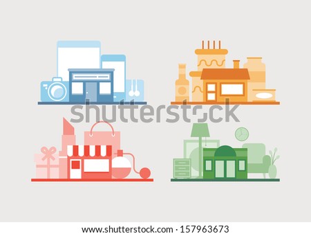 Flat design vector illustration icons set of modern e-store, shop of furniture, shop of gifts and cafe for relaxing after buying. Isolated on white background. 