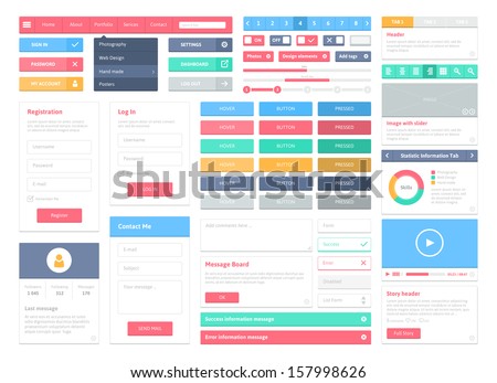 Flat user interface vector set for website development and mobile application design with lots of colorful stylish icons, buttons, control elements and forms in modern fresh design style.