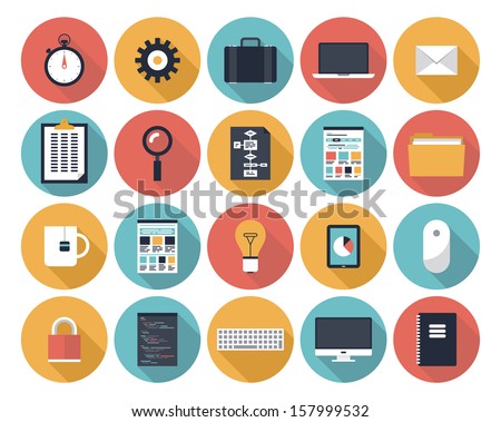 Modern flat icons vector collection with long shadow effect in stylish colors of web design objects, interface elements, business and office items.  Isolated on white background.  