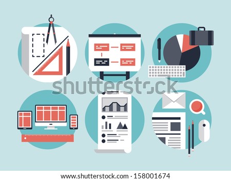 Flat design vector illustration concept icons set of modern business organization management for planning and development innovation of computer technologies. Isolated on stylish color background.