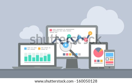 Flat design modern vector illustration concept of website analytics search information and computing data analysis using modern electronic and mobile devices. Isolated on stylish grey background