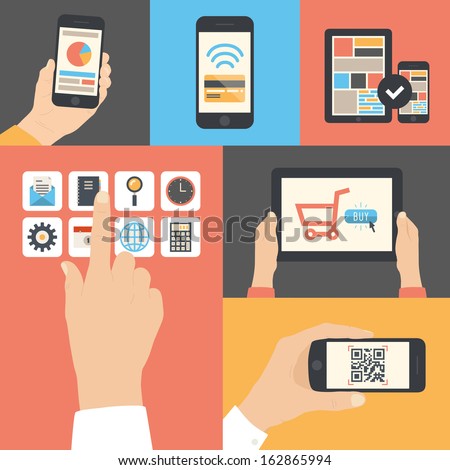 Flat design modern vector illustration icons in stylish colors of hand touch screen with business icons, mobile phone scanning qr-code, online purchase on digital tablet and wireless e-commerce usage.