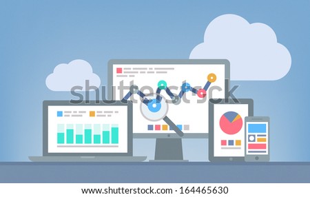 Flat design modern vector illustration concept of website analytics and SEO data analysis using modern electronic and mobile devices. Isolated on grey background