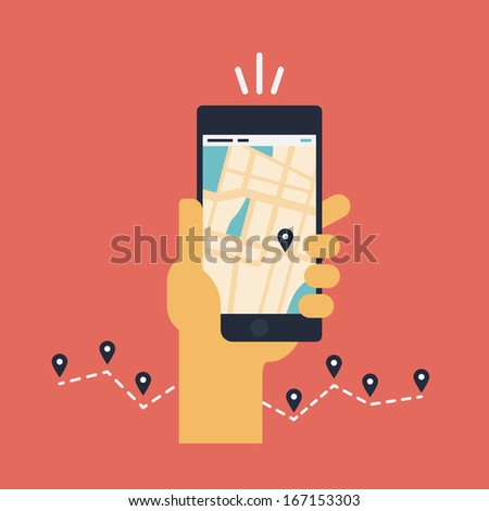 Modern flat design vector illustration concept of man holding smartphone with mobile gps navigation on a screen and route with check-in symbols. Isolated on red background