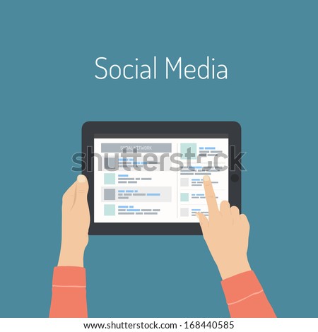 Flat design modern vector illustration concept of social media website with latest news on a digital tablet screen. Isolated on stylish color background.