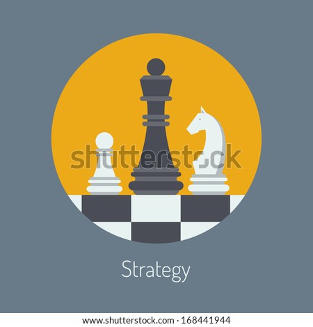 Flat design modern vector illustration concept of business strategy with chess figures on a chess board. Isolated in round shape on stylish color background