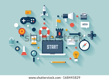 Flat design vector illustration infographic concept with icons set of gamification strategy in business, new trend in social media marketing and industry innovation. Isolated on stylish background.