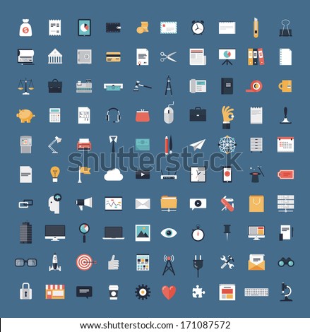 Flat icons design modern vector illustration big set of various financial service items, web and technology development, business management symbol, marketing items and office equipment on background