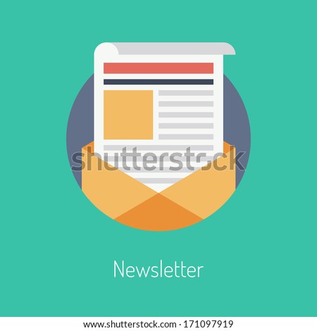 Flat design modern vector illustration concept of regularly distributed news publication via e-mail with some topics of interest to its subscribers. Isolated on stylish color background. 