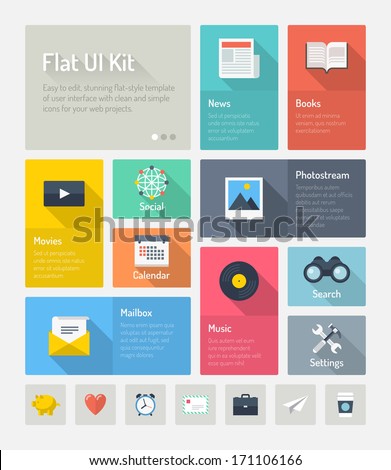 Flat design modern vector illustration concept of minimalistic stylish infographic webpage elements with icons set or abstract metro user interface kit with simple navigation for web project.