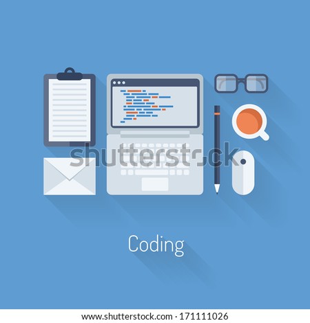 Flat design modern vector illustration concept of process web page coding and programming on laptop with workflow objects and icons. Isolated on stylish blue background 