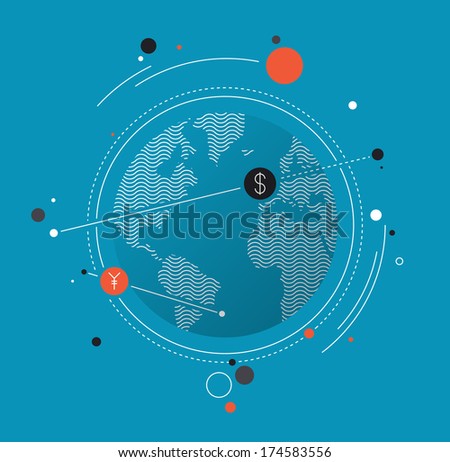 Flat design style modern vector illustration concept of world currency exchange, converting money with yen and dollar symbols, global trading on stock market. Isolated on white background