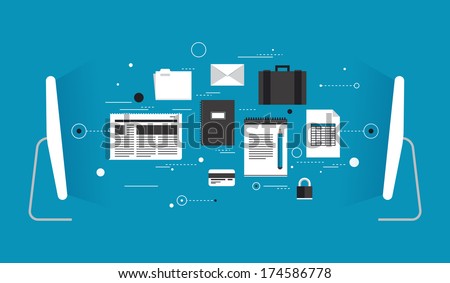 Flat design style modern vector illustration concept of two computers wireless connected and transferring various data information via internet communication. Isolated on stylish colored background.