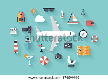 Flat design style modern vector illustration icons set of traveling on airplane, planning a summer vacation, tourism and journey objects and passenger luggage. Isolated on stylish background.