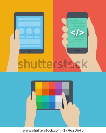 Flat design style modern vector illustration concept of web page prototyping, mobile website interface coding, choosing color palette scheme on digital tablet. Isolated on stylish colored background