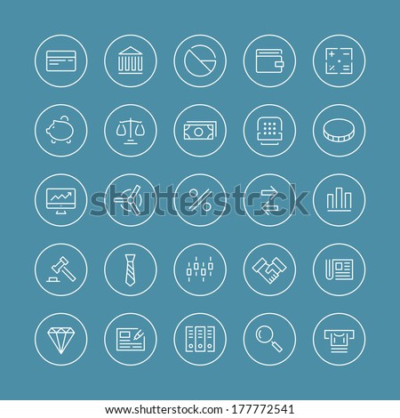 Flat thin line icons modern design style vector set of financial service items, banking accounting tools, stock market global trading and money objects and elements. Isolated on white background.