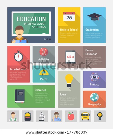 Flat design style modern vector illustration concept of infographic website navigation elements with icons set of online education with teaching and learning symbol, studying and educational objects. 