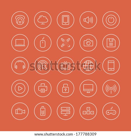 Flat thin line icons modern design style illustration vector set of technology object and equipment, multimedia symbol, sound instrument, audio and video item and element. Isolated on white background