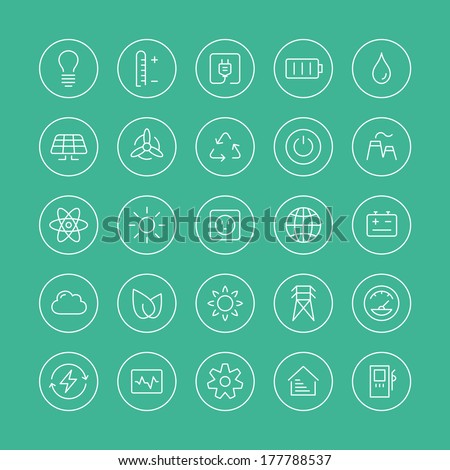 Flat thin line icons modern design style vector set of power and energy symbol, natural renewable energy technologies as solar, wind, water, geothermal heat, bio fuel. Isolated on white background