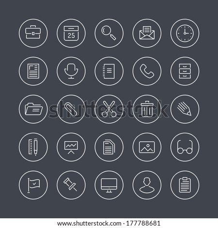 Flat thin line icons modern design style illustration vector set of office equipment, objects, tools and other elements using people in their work. Isolated on white background.