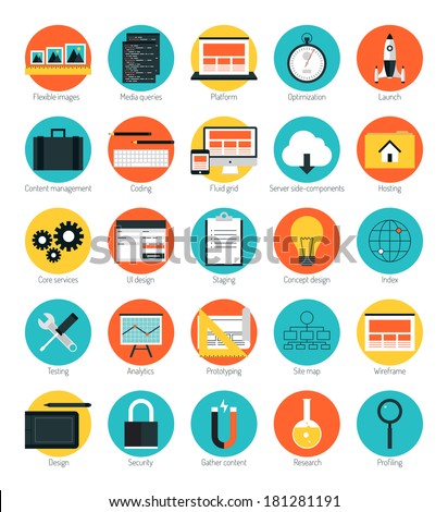 Flat design icons set modern style vector illustration concept of responsive design web interface, website analytics, search engine optimization, html coding webpage wireframe and prototyping elements